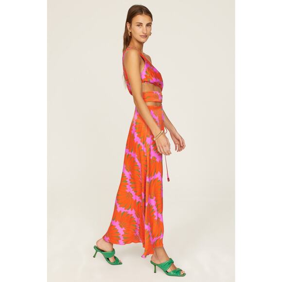 FARM RIO Orange Pink One Shoulder Ruched Waist Tie Copacabana A-Line Dress S - Picture 3 of 16